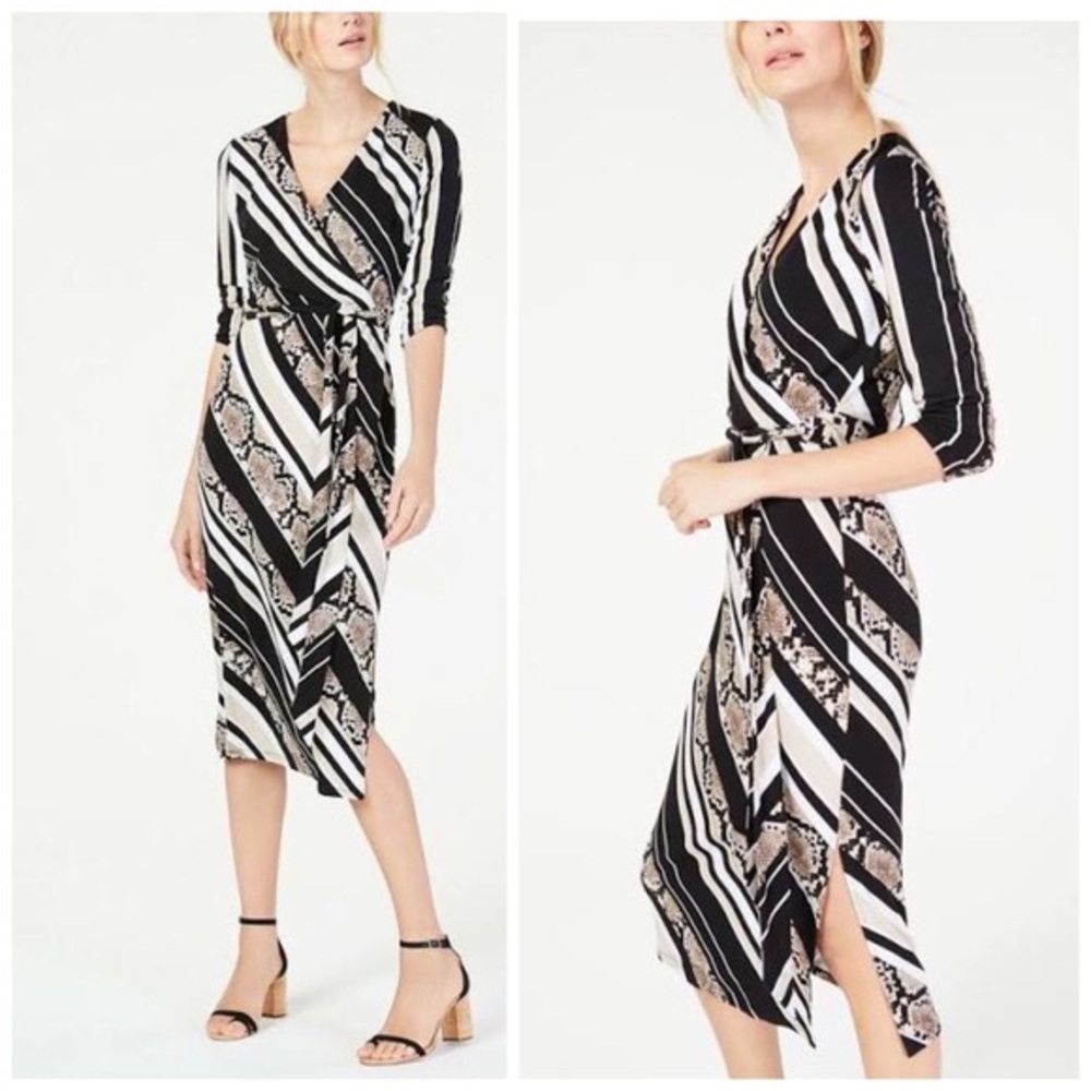 Seductive Side Slit Reptile Stripe Faux Wrap Dress